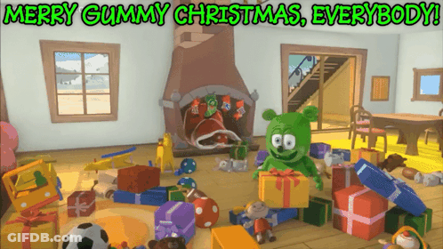 A Merry Gummy Christmas Everybody Greeting Card With A Gummy Bear Surrounded By Presents GIF