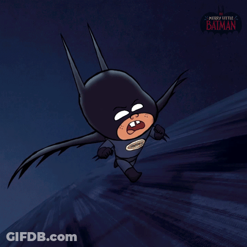 A Merry Little Batman Poster With A Cartoon Character Flying Through The Air GIF