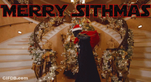 A Merry Sithmas Greeting Card Shows A Staircase Decorated For Christmas GIF
