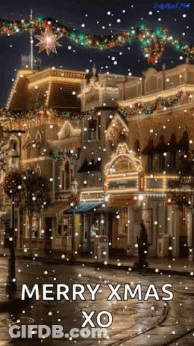 A Merry Xmas Greeting Card With A Snowy Street Scene GIF