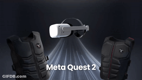 A Meta Quest 2 Advertisement Shows A Virtual Reality Headset And Two Vests GIF