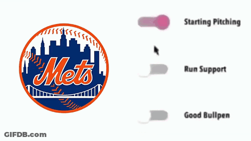 A Mets Logo Next To A Starting Pitching Run Support And Good Bullpen Buttons GIF