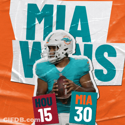 A Miami Dolphins Football Player Is Holding A Football And A Sign That Says Hou 15 Mia 30 GIF