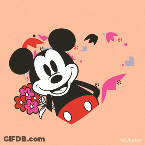 A Mickey Mouse Holding A Bouquet Of Flowers With The Words Love You Behind Him GIF