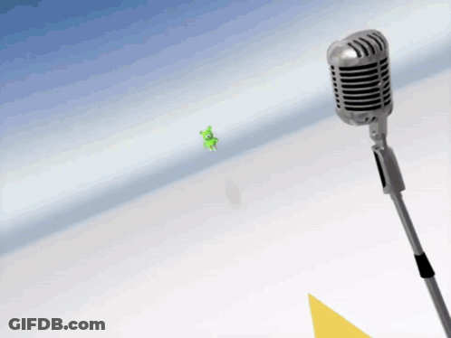 A Microphone With A Green Cartoon Character Flying In The Background GIF