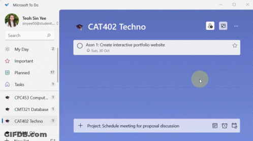 A Microsoft To Do Screen Shows A Project Called Schedule Meeting For Proposal Discussion GIF