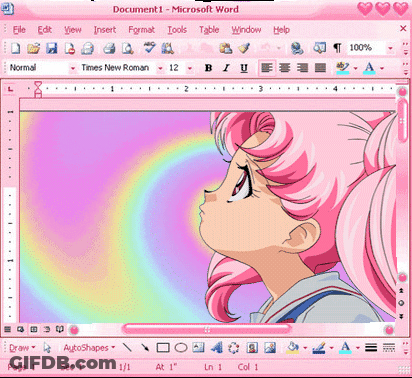 A Microsoft Word Document With A Pink Anime Girl On It GIF