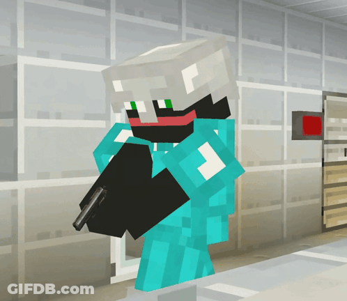 A Minecraft Character Holding A Gun And Wearing A Mask GIF