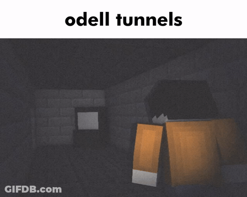 A Minecraft Character In A Dark Room With The Words Odell Tunnels Below Him GIF