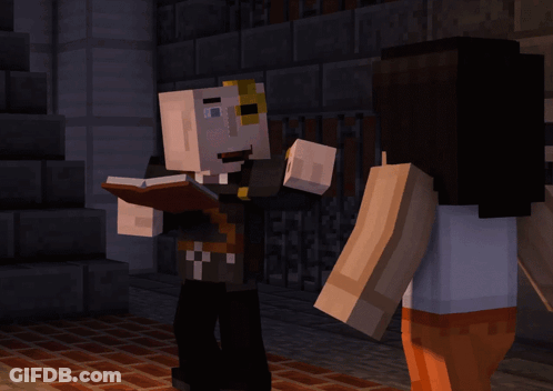 A Minecraft Character Is Holding A Book And Talking To A Girl GIF