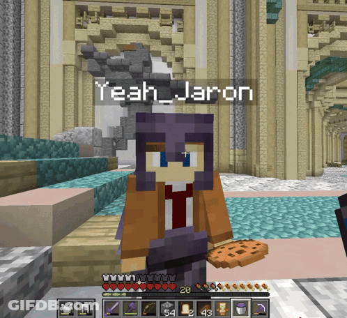A Minecraft Character Is Holding A Cookie And Has The Name Yeah Jaron On The Screen GIF