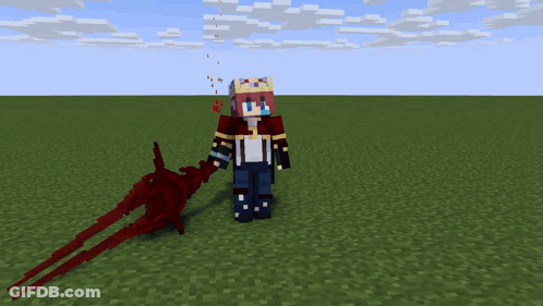 A Minecraft Character Is Holding A Red Sword GIF