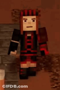 A Minecraft Character Is Standing In A Dark Room Holding A Sword And Wearing A Red And Black Outfit . GIF