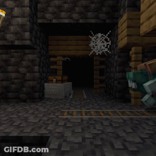 A Minecraft Character Is Standing In A Dark Room With A Torch In The Background GIF