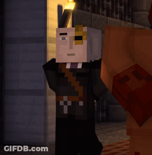 A Minecraft Character Is Standing In A Dark Room With A Torch In The Background GIF