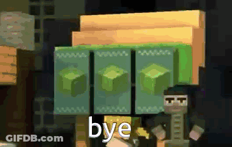 A Minecraft Character Is Standing In Front Of A Stack Of Green Cubes With The Words Bye Written On Them GIF