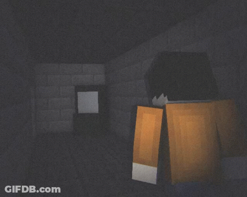 A Minecraft Character Standing In A Dark Room With A Light Shining On His Back GIF