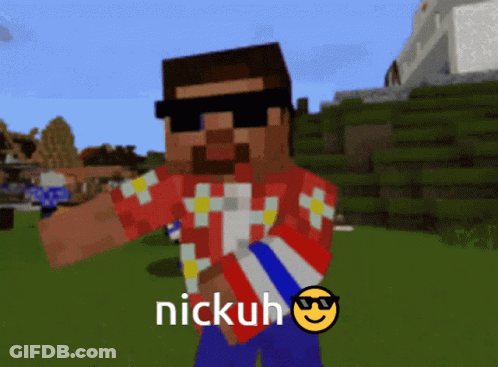 A Minecraft Character Wearing Sunglasses And A Red Shirt With The Word Nickuh On It GIF