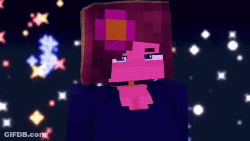 A Minecraft Character With A Purple Flower In Her Hair Is Standing In Front Of A Starry Sky . GIF