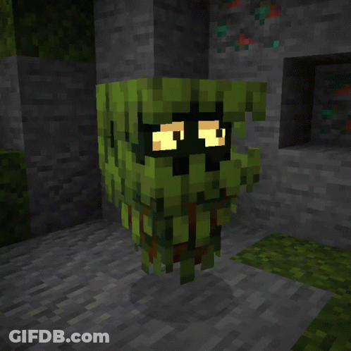 A Minecraft Character With Glowing Eyes Is Standing In Front Of A Stone Wall GIF