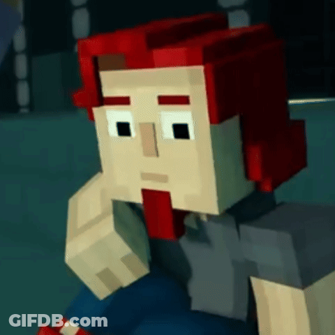 A Minecraft Character With Red Hair And A Beard Is Sitting Down With His Hand On His Chin . GIF