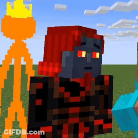 A Minecraft Character With Red Hair Is Standing Next To A Torch GIF