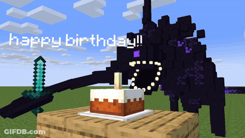 A Minecraft Monster Holding A Sword And A Cake With The Words Happy Birthday GIF