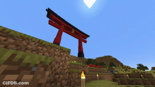 A Minecraft Scene With A Red And Black Gate GIF