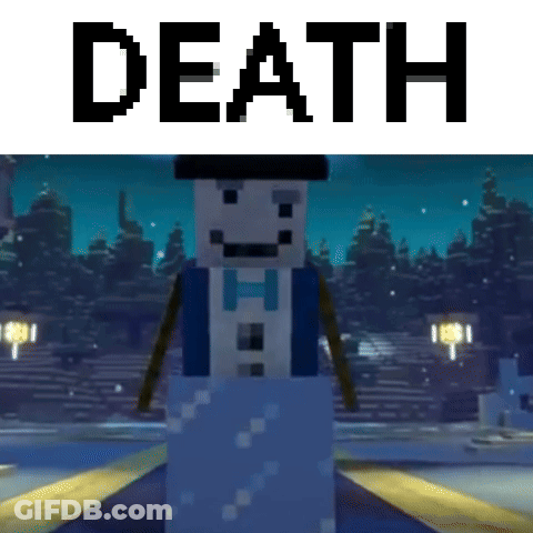 A Minecraft Snowman Is Standing In Front Of A Sign That Says `` Death '' . GIF