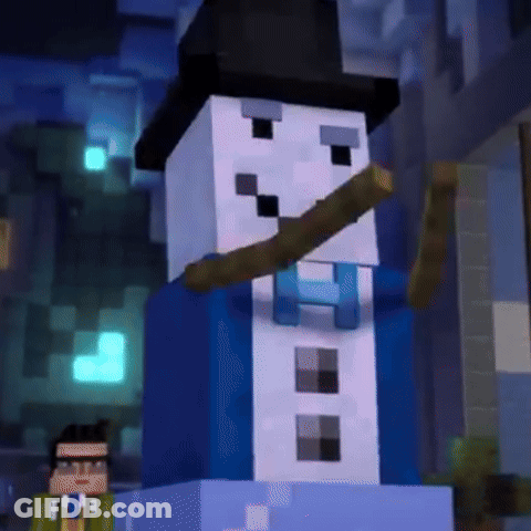 A Minecraft Snowman With A Hat And A Stick In His Mouth . GIF