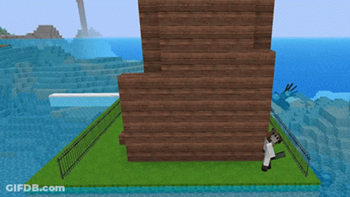 A Minecraft World With A Fence And A Building In The Water GIF