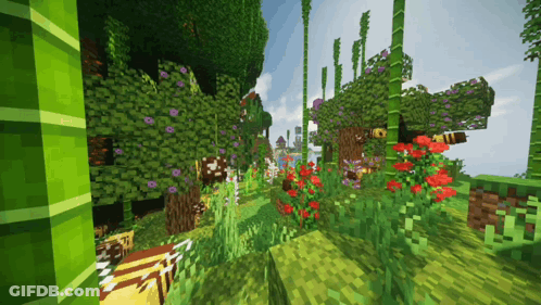 A Minecraft World With Trees , Flowers , And Bees . GIF