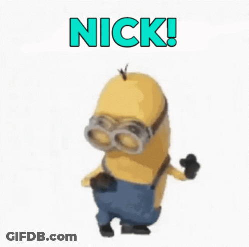 A Minion From The Movie Despicable Me Is Dancing With The Words `` Nick '' Above Him . GIF