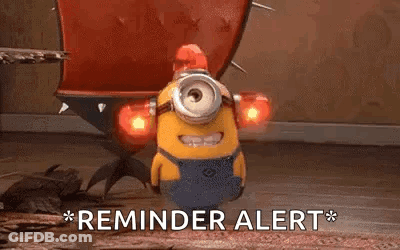 A Minion From The Movie Despicable Me Is Standing On A Wooden Floor With A Red Light On Its Head . GIF