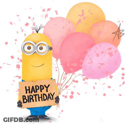 A Minion Holding Balloons And A Sign That Says Happy Birthday GIF