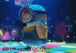 A Minion Is Dancing On A Colorful Dance Floor And The Words Cool Are Visible In The Background . GIF