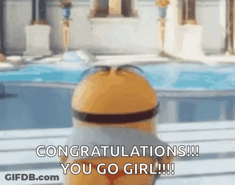 A Minion Is Standing In Front Of A Pool And Says Congratulations You Go Girl GIF