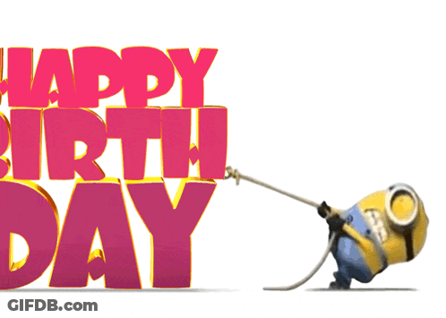 A Minion Pulling A Rope With The Words Happy Birthday Behind It GIF