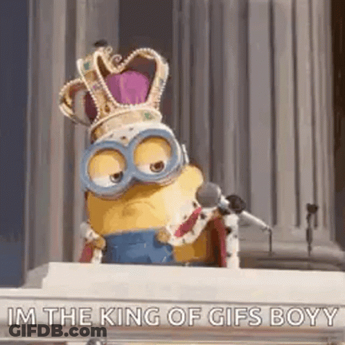 A Minion Wearing A Crown And A Cape Is Standing In Front Of A Piano . GIF