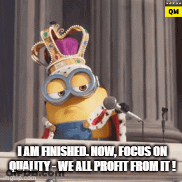 A Minion Wearing A Crown And Goggles Stands In Front Of A Microphone And Says I Am Finished Now Focus On Quality GIF