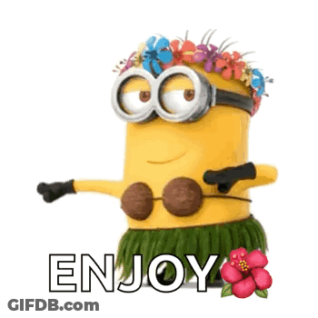 A Minion Wearing A Hula Skirt And A Flower Crown Is Dancing . GIF