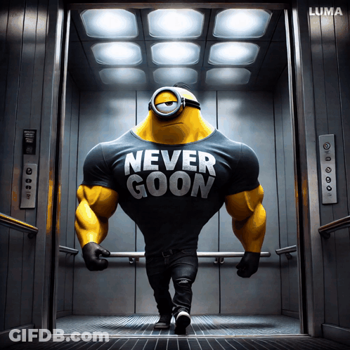 A Minion Wearing A Shirt That Says Never Goon Is Walking Out Of An Elevator GIF