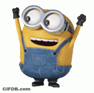 A Minion Wearing Overalls And Goggles Is Raising His Arms In The Air . GIF