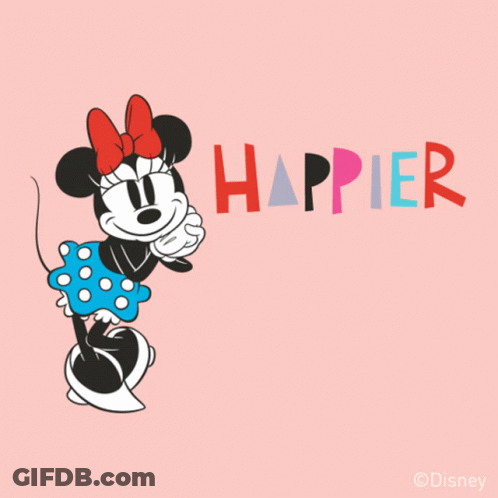 A Minnie Mouse Illustration With The Words Happier With You GIF