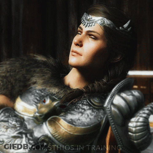 A Misthios In Training Poster Of A Woman Wearing Armor GIF