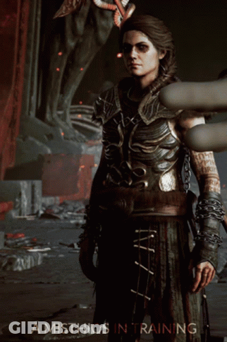 A Misthios In Training Poster With A Woman In Armor And Chains GIF