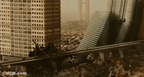 A Model Of A City Destroyed By An Earthquake With A Bridge In The Foreground GIF