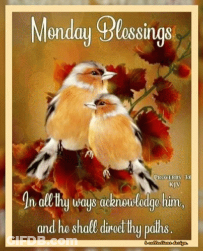 A Monday Blessings Card With Two Birds And A Quote From Proverbs GIF