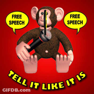 A Monkey Holding A Microphone With Speech Bubbles Saying Free Speech GIF