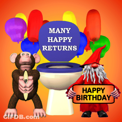 A Monkey Holding A Surfboard Next To A Toilet That Says Many Happy Returns On It GIF